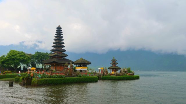 Bratan lake and a Balinese temple on a foggy day