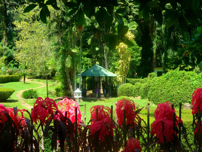 A small pavilion surrounded by greenery and pink flowers in Kandy botanical gardens in Sri Lanka 