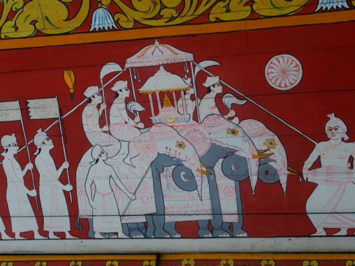 a wall painting depicting an elephant and people caravan bringing the holy tooth relic to the temple of the tooth in kandy in sri lanka 