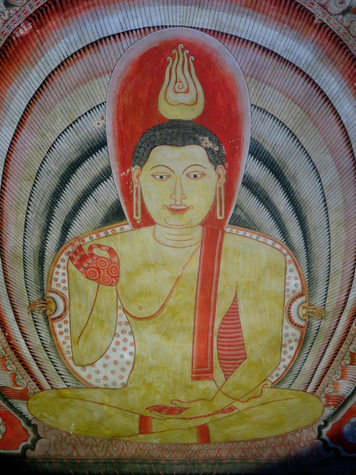 frescoe of buddha on the ceiling inside of Dambulla golden cave temple in sri lanka 